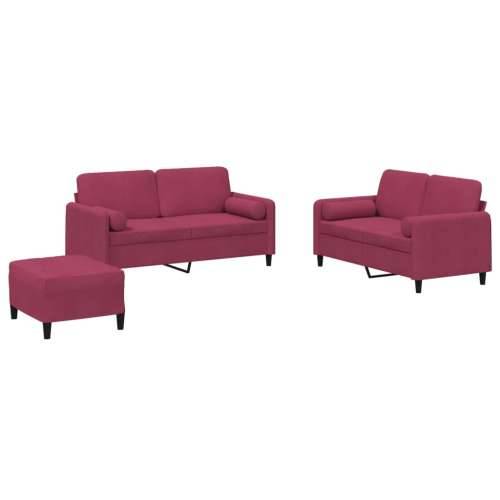 3-dijelni set sofa s jastucima crvena boja vina baršunasti - boja crnog vina s jastucima i tabureom Cijena