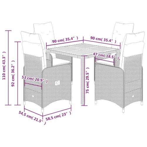 5-dijelni vrtni bistro set od poliratana s jastucima crni - 90 x 90 x 75 cm Bez naslona za noge 4 Cijena