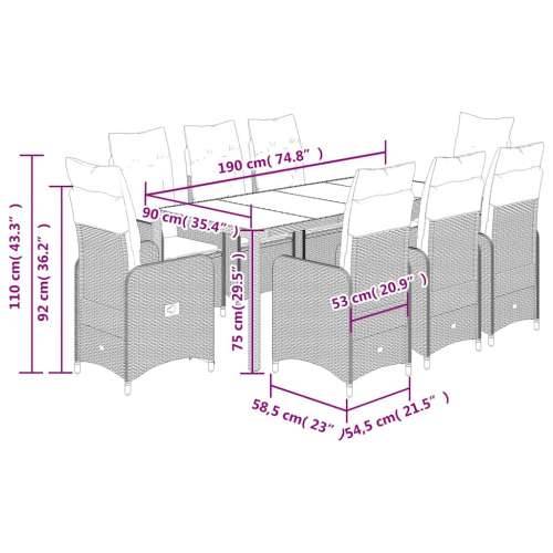 9-dijelni vrtni bistro set od poliratana s jastucima crni - 190 x 90 x 75 cm Sa naslonom za noge 8 Cijena