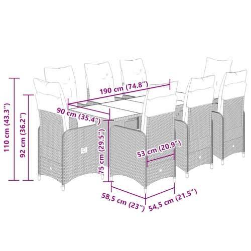 9-dijelni vrtni bistro set od poliratana s jastucima sivi - 190 x 80 x 75 cm Sa naslonom za noge 8 Cijena