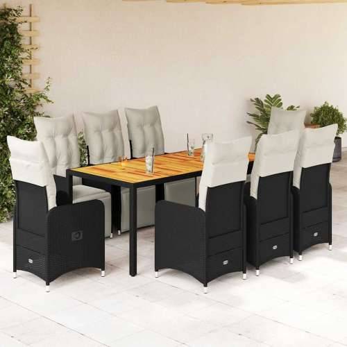 9-dijelni vrtni bistro set od poliratana s jastucima crni - 190 x 90 x 75 cm boja drva 8 Cijena