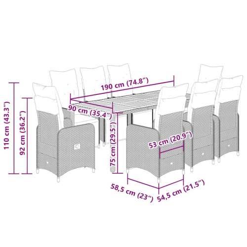 9-dijelni vrtni bistro set od poliratana s jastucima crni - 190 x 90 x 75 cm boja drva 8 Cijena