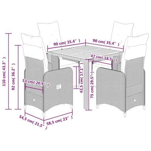 5-dijelni vrtni bistro set od poliratana s jastucima sivi - 90 x 90 x 75 cm boja drva 4 Cijena