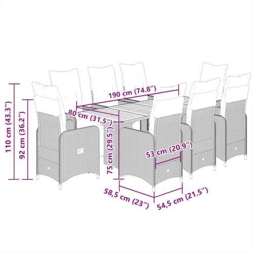 9-dijelni vrtni bistro set od poliratana s jastucima sivi - 190 x 80 x 75 cm boja drva 8 Cijena