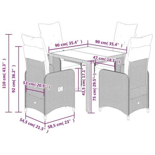 5-dijelni vrtni bistro set od poliratana s jastucima sivi - 90 x 90 x 75 cm Stakl 4 Cijena