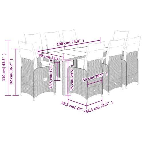 9-dijelni vrtni bistro set od poliratana s jastucima sivi - 190 x 90 x 75 cm Stakl 8 Cijena