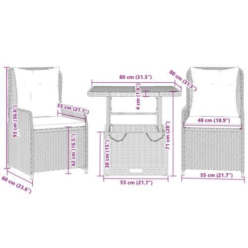 3-dijelni bistro set s jastucima bež od poliratana - bež i siva Dužina stola 80 cm 2 Cijena