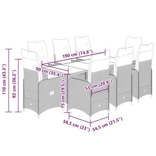9-dijelni vrtni bistro set od poliratana s jastucima sivi - 190 x 80 x 75 cm Bez naslona za noge 8 Cijena
