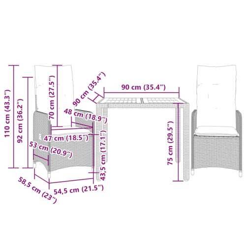 3-dijelni vrtni bistro set od poliratana s jastucima bež - 90 x 90 x 75 cm Bez naslona za noge 2 Cijena