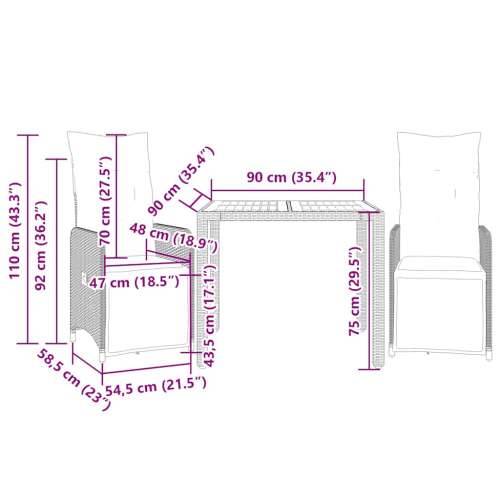 3-dijelni vrtni bistro set od poliratana s jastucima crni 90 x 90 x 75 cm boja drva 2 Cijena