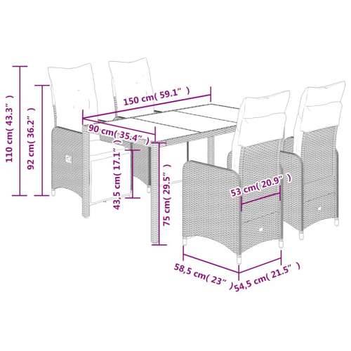 5-dijelni vrtni bistro set od poliratana s jastucima sivi - 150 x 90 x 75 cm Stakl 4 Cijena