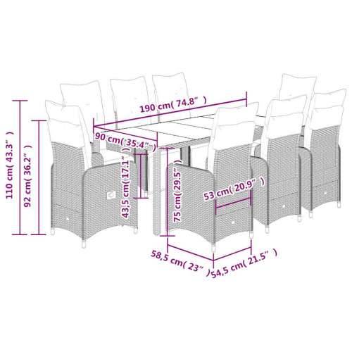 9-dijelni vrtni bistro set od poliratana s jastucima smeđi - 190 x 90 x 75 cm 8 Cijena