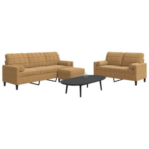 3-dijelni set sofa s jastucima smeđi baršunasti - Smeđa s jastucima i tabureom Cijena