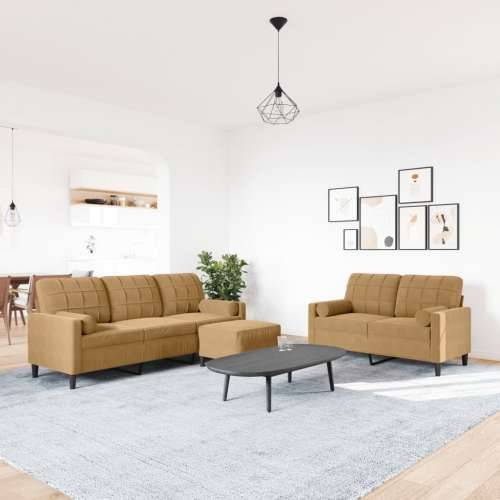 3-dijelni set sofa s jastucima smeđi baršunasti - Smeđa s jastucima i tabureom Cijena