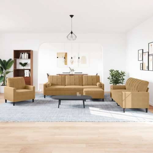 4-dijelni set sofa s jastucima smeđi baršunasti - Smeđa s jastucima i tabureom Cijena