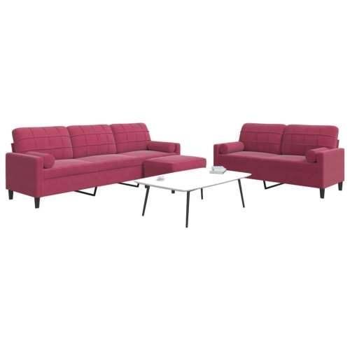 3-dijelni set sofa s jastucima crvena boja vina baršunasti - boja crnog vina s jastucima i tabureom Cijena