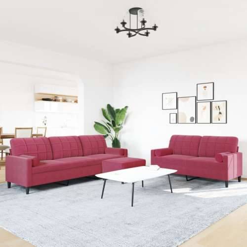 3-dijelni set sofa s jastucima crvena boja vina baršunasti - boja crnog vina s jastucima i tabureom Cijena