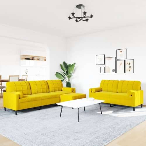 3-dijelni set sofa s jastucima žuti baršunasti - Žuta s jastucima i tabureom Cijena