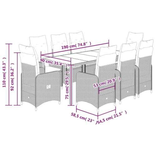 9-dijelni vrtni bistro set od poliratana s jastucima smeđi - 190 x 90 x 75 cm Sa naslonom za noge 8 Cijena