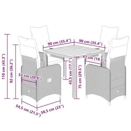 5-dijelni vrtni bistro set od poliratana s jastucima crni - 90 x 90 x 75 cm Stakl 4 Cijena