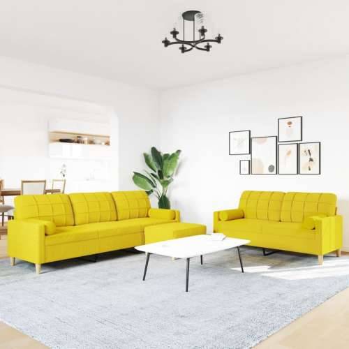 3-dijelni set sofa s tabureom i jastucima svjetložuti tkanina - Svjetložuta s jastucima i tabureom Cijena