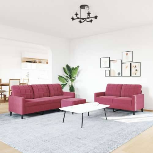 3-dijelni set sofa s jastucima crvena boja vina baršunasti - boja crnog vina S osloncem za noge Cijena