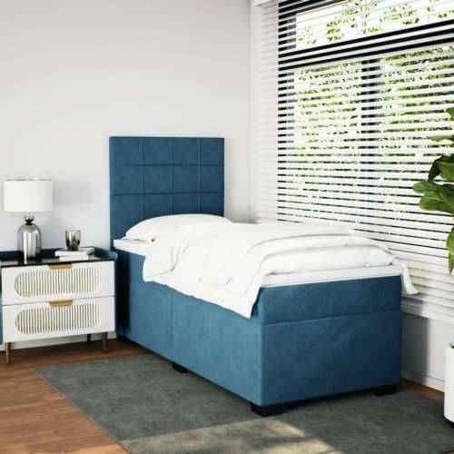 Box spring krevet s madracem plavi 90x200 cm baršunasti - Plava 90 x 200 cm Blok s kvadratima Cijena