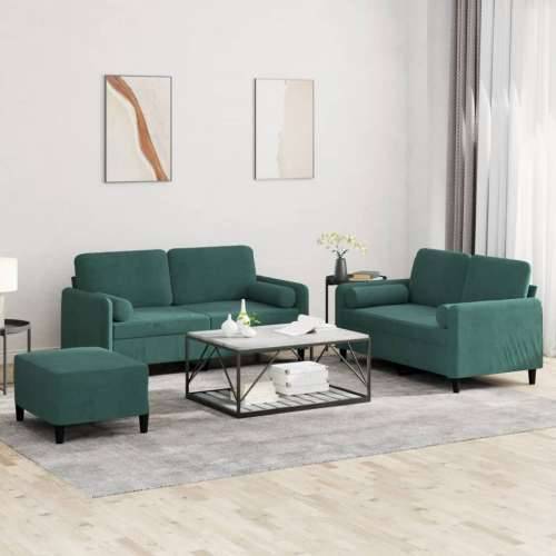 3-dijelni set sofa s jastucima tamnozeleni baršunasti - Tamnozelena s jastucima i tabureom Cijena