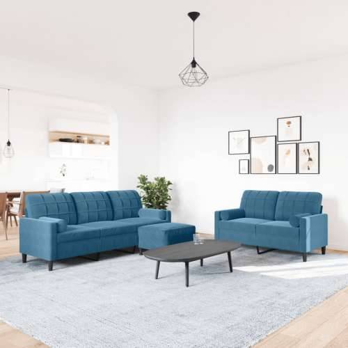 3-dijelni set sofa s jastucima plavi baršunasti - Plava s jastucima i tabureom Cijena