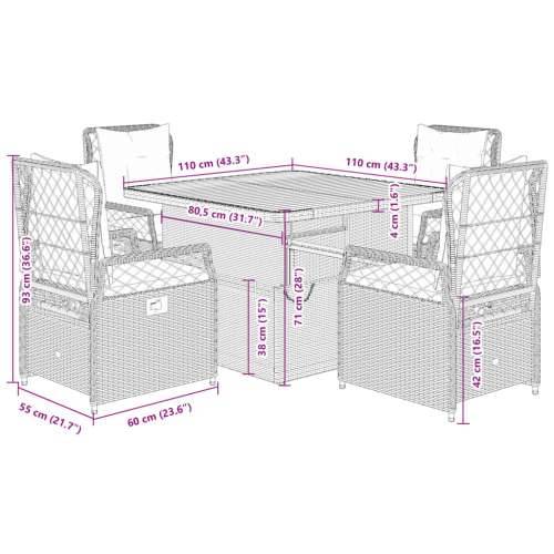Vrtna garnitura - 5-dijelni vrtni blagovaonski set sivi od poliratana - Siva Dužina stola 110 cm 4 Cijena
