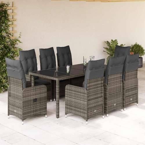 9-dijelni vrtni bistro set od poliratana s jastucima sivi - 190 x 90 x 75 cm Sa naslonom za noge 8 Cijena