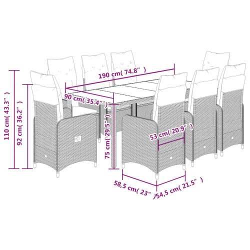 9-dijelni vrtni bistro set od poliratana s jastucima sivi - 190 x 90 x 75 cm Sa naslonom za noge 8 Cijena