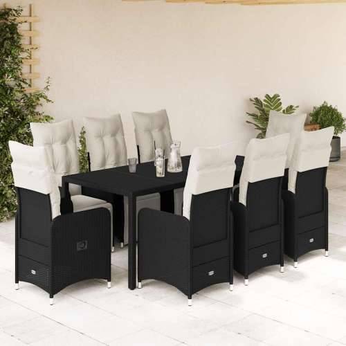 9-dijelni vrtni bistro set od poliratana s jastucima crni - 190 x 90 x 75 cm Stakl 8 Cijena