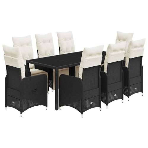 9-dijelni vrtni bistro set od poliratana s jastucima crni - 190 x 90 x 75 cm Stakl 8 Cijena