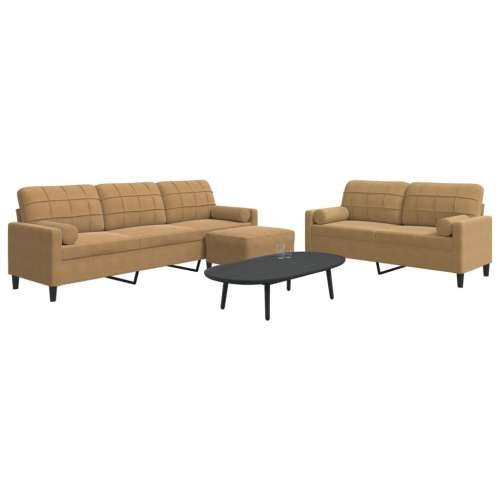 3-dijelni set sofa s jastucima smeđi baršunasti - Smeđa s jastucima i tabureom Cijena