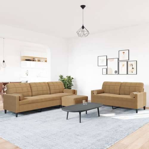 3-dijelni set sofa s jastucima smeđi baršunasti - Smeđa s jastucima i tabureom Cijena