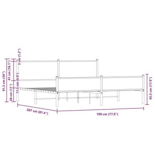 Metalni okvir kreveta bez madraca boja hrasta 193x203 cm - Dimljeni hrast 193 x 203 cm s uzglavljem i visokim podnožjem Cijena