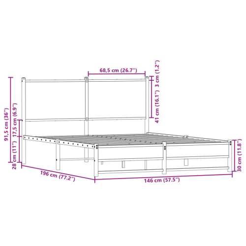 Metalni okvir kreveta bez madraca boja hrasta sonome 140x190 cm - sonoma hrast 140 x 190 cm s uzglavljem i dvostrukim niskim pod Cijena