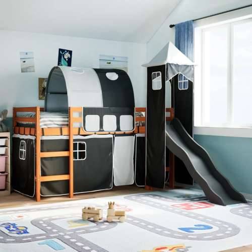 Dječji krevet na kat s tornjem crno-bijeli 90 x 200 cm borovina Smeđa i crna 90 x 200 cm Cijena
