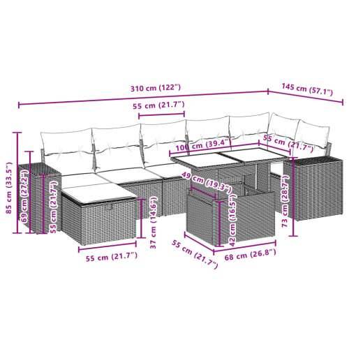 Vrtna garnitura - 8-dijelni set vrtnih sofa od poliratana s jastucima crni - Crna bez spremišta 1 Cijena