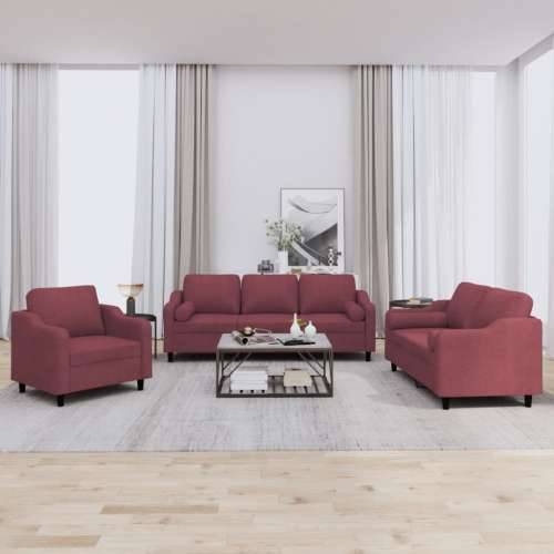 3-dijelni set sofa s jastucima crvena boja vina od tkanine - boja crnog vina s jastučićima Cijena