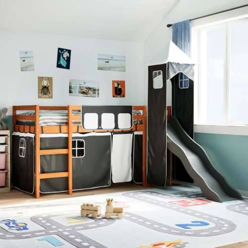 Dječji krevet na kat s tornjem crno-bijeli 90 x 190 cm borovina - Smeđa i crna 90 x 190 cm Cijena