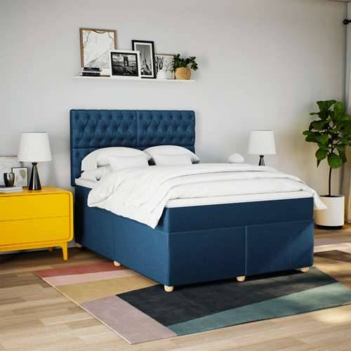 Krevet s oprugama i madracem plavi 140 x 190 cm od tkanine - Plava 140 x 190 cm Dizajn s gumbima Cijena