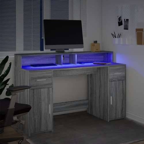 Radni stol s LED svjetlima siva boja hrasta 140x55x91 cm drveni - Sivi hrast sonoma 140 x 55 x 91 cm Cijena