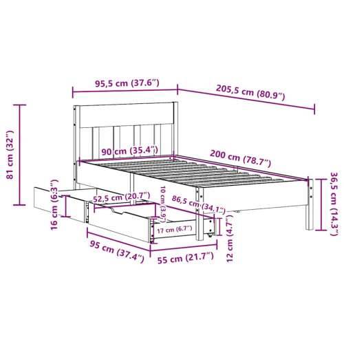 Okvir kreveta bez madraca 90 x 200 cm od masivne borovine - Prirodna 90 x 200 cm Cijena