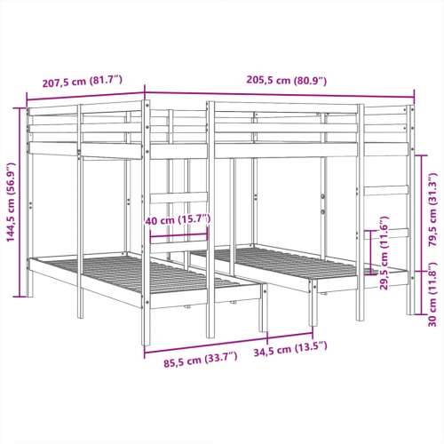 Trostruki krevet na kat bijeli 200x200/80x200 cm od borovine - Bijela 200 x 200/80 x 200 cm Cijena