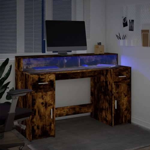 Radni stol s LED svjetlima boja hrasta 140x55x91 cm drveni - Dimljeni hrast 140 x 55 x 91 cm Cijena