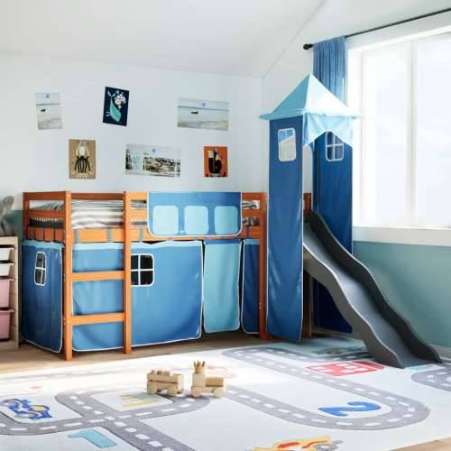 Dječji krevet na kat s tornjem plavi 90x190 cm masivna borovina - Smeđe-plava 90 x 190 cm Cijena