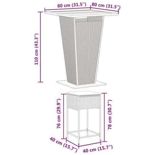 3-dijelni vrtni barski set od poliratana s jastucima sivi - Siva 80 x 80 x 110 cm 2 Cijena