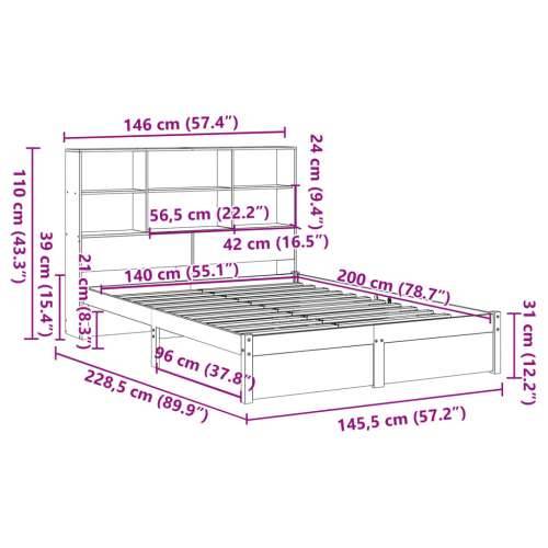Krevet s regalom z knjige bez madraca bijeli 140x200cm borovina - Bijela 140 x 200 cm Cijena